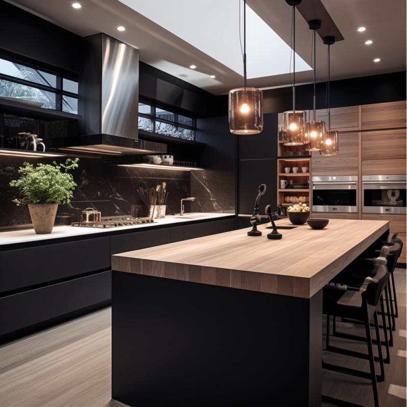 Modern Fusion Of Black And Warm Wood Kitchen Cabinets - Parlun