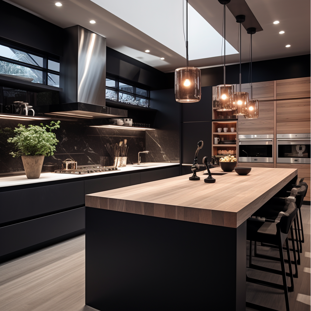 Modern Fusion Of Black And Warm Wood Kitchen Cabinets