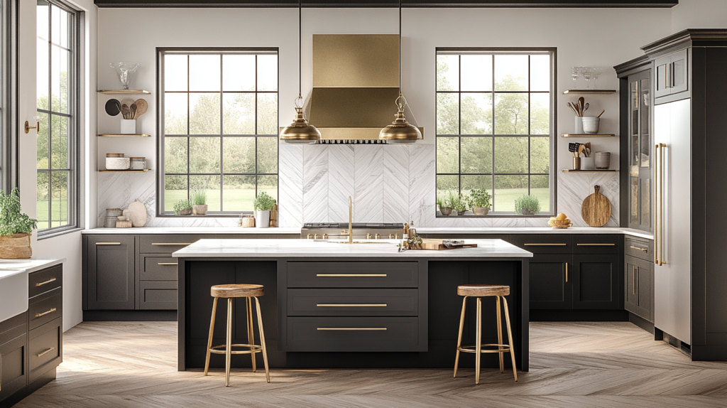 Transitional Open Kitchen With Two-tone Cabinetry With Gold Hardware