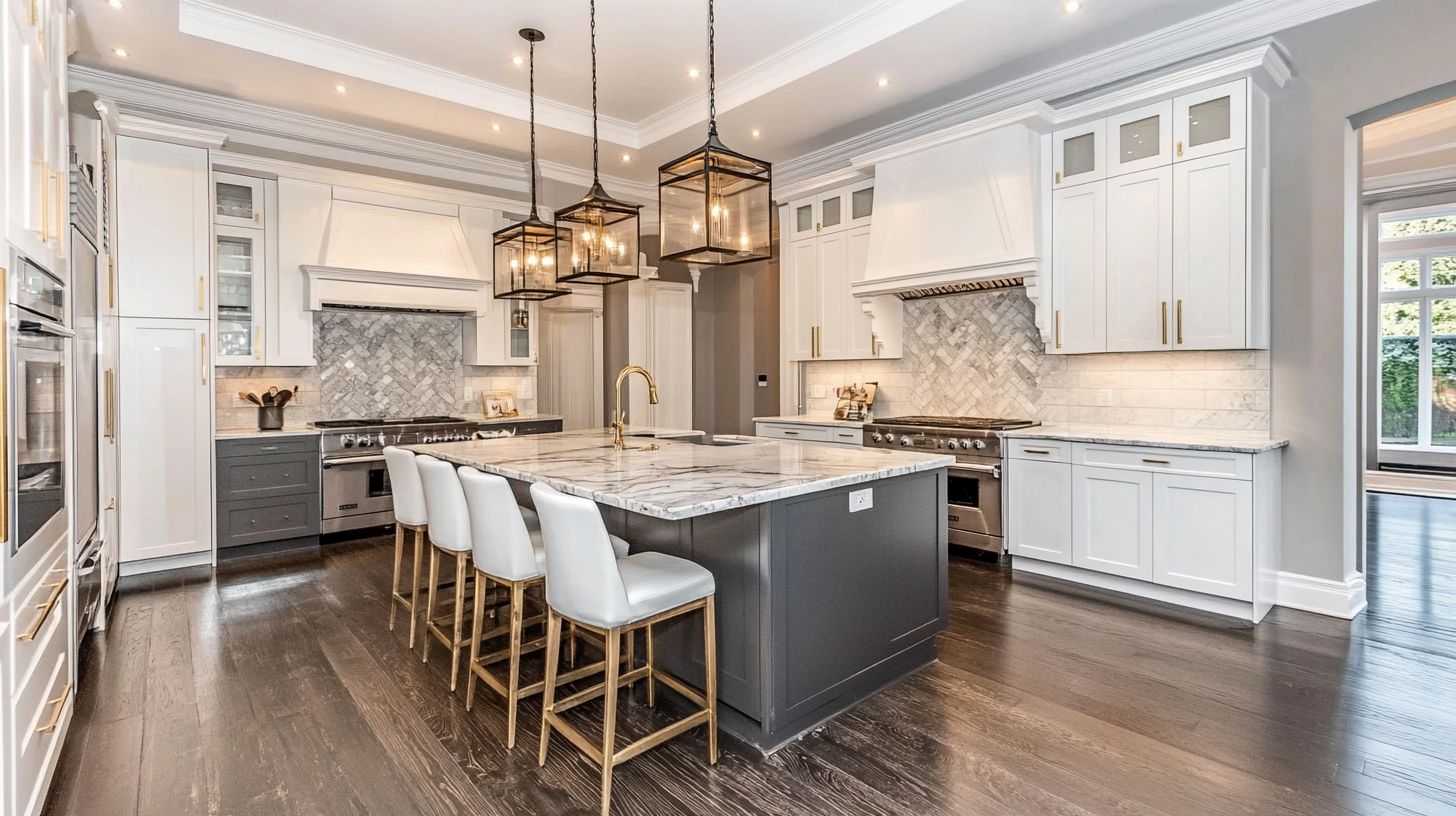 (2025) 50+ Grey and White Kitchen Design Ideas & Tips Artistic Tile Backsplash and Dark Wood Flooring in Grey and White Kitchen