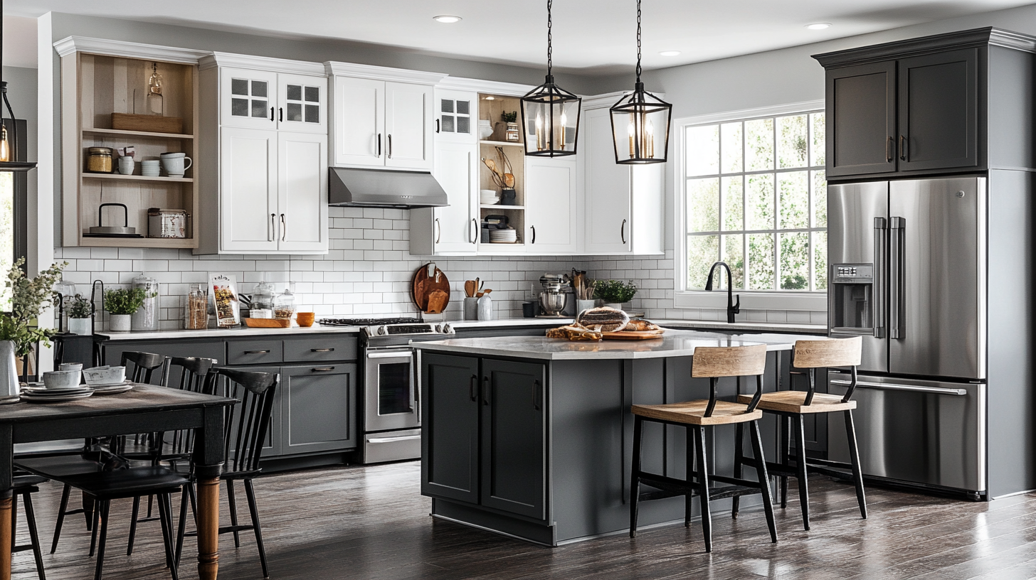 (2025) 50+ Grey and White Kitchen Design Ideas & Tips Black White and Grey Kitchen with A Dinning Table
