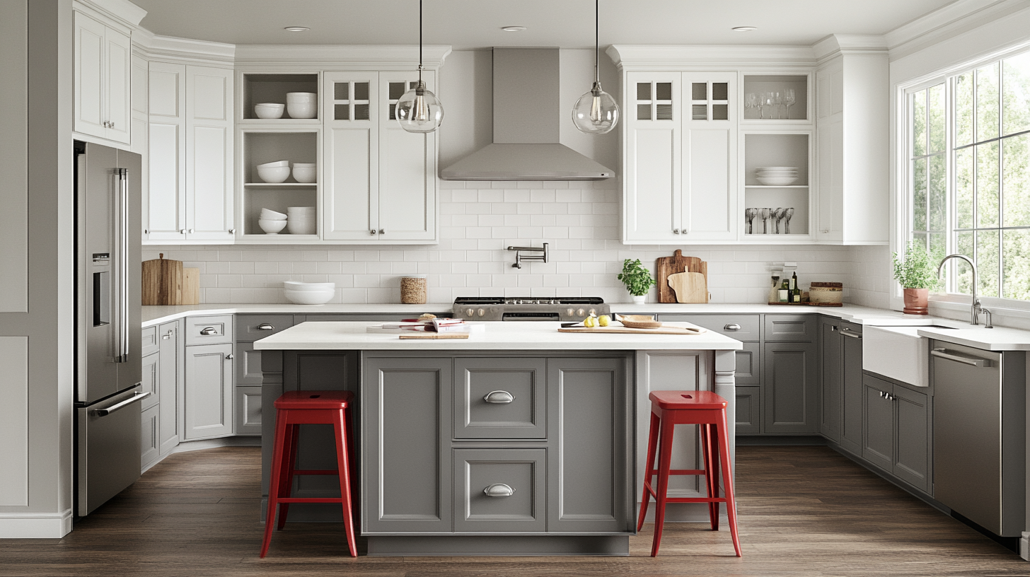 (2025) 50+ Grey and White Kitchen Design Ideas & Tips Bright & Beautiful Kitchen with Raised-Panel Cabinets and Farmhouse Sink