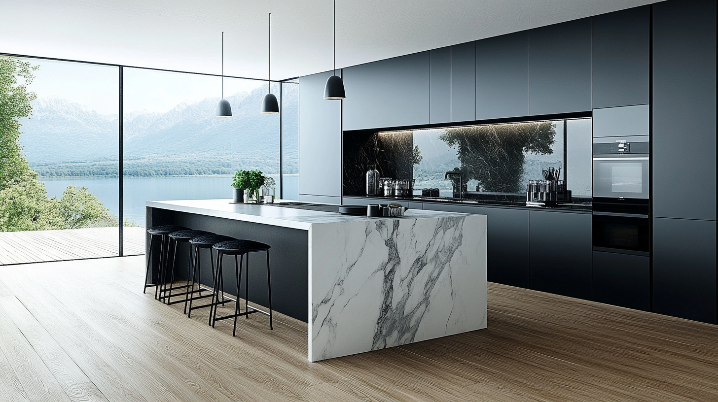 (2025) 50+ Grey and White Kitchen Design Ideas & Tips Chic Kitchen with Gray and White Leathered Quartzite Countertop and Slab Backsplash