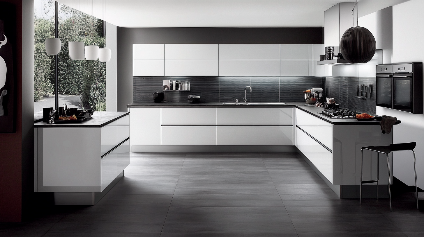 (2025) 50+ Grey and White Kitchen Design Ideas & Tips Eclectic Kitchen with Glass Tile Backsplash and Countertops