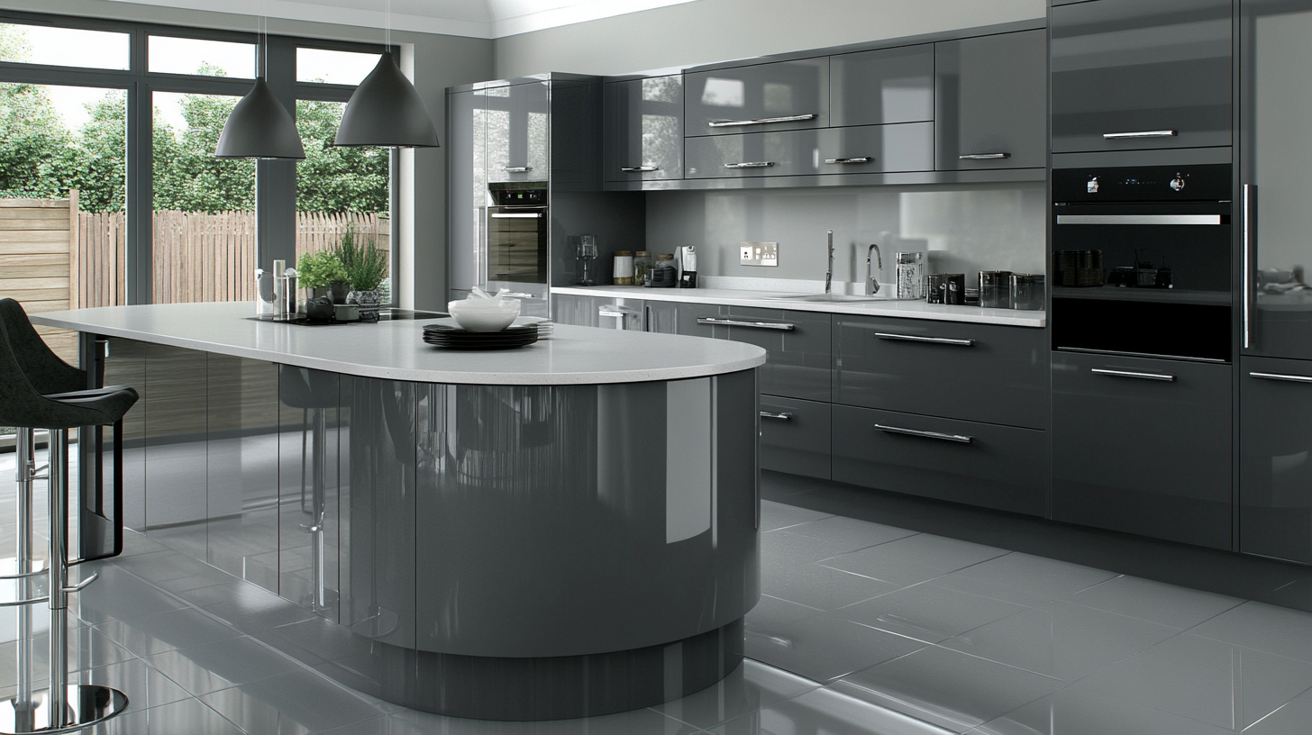 (2025) 50+ Grey and White Kitchen Design Ideas & Tips Grey High Gloss Kitchen with Solid Surface Countertops and Ceramic Tile Floorboards