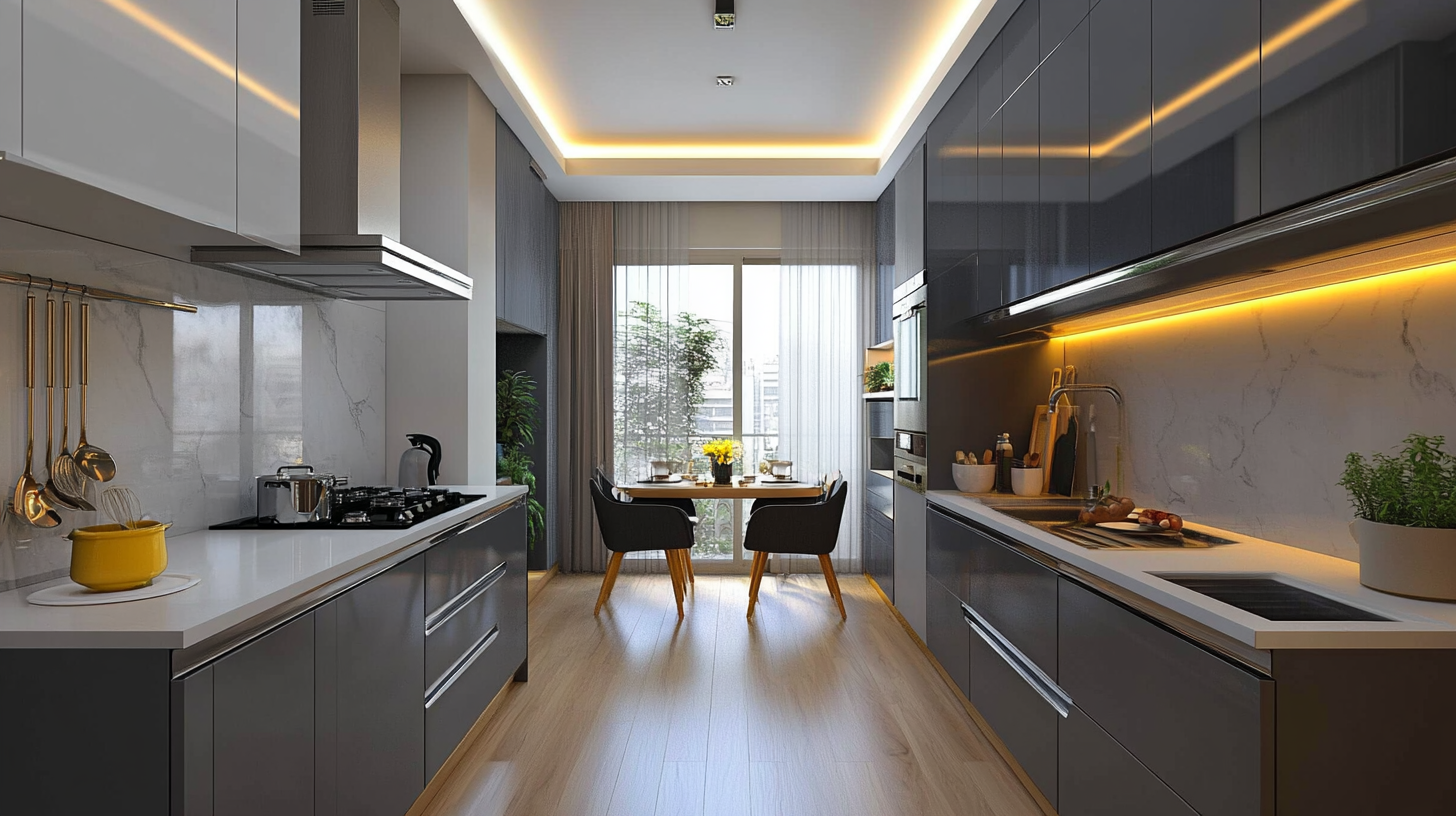 (2025) 50+ Grey and White Kitchen Design Ideas & Tips Grey and White Galley Kitchen with Porcelain Backsplash and Bamboo Flooring