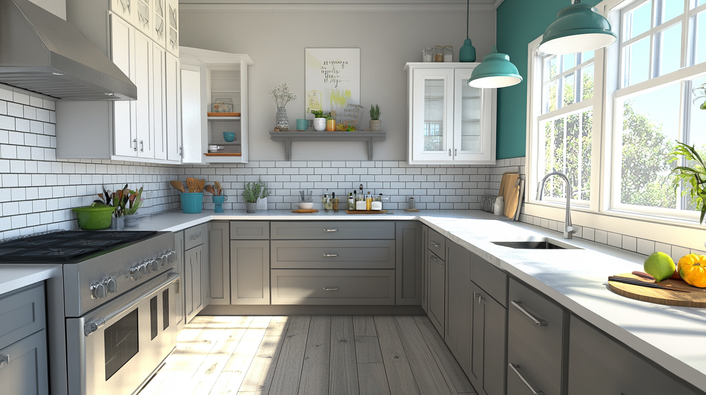 (2025) 50+ Grey and White Kitchen Design Ideas & Tips Grey and White Kitchen Design with White Subway Tile Backsplash and Cup Pulls