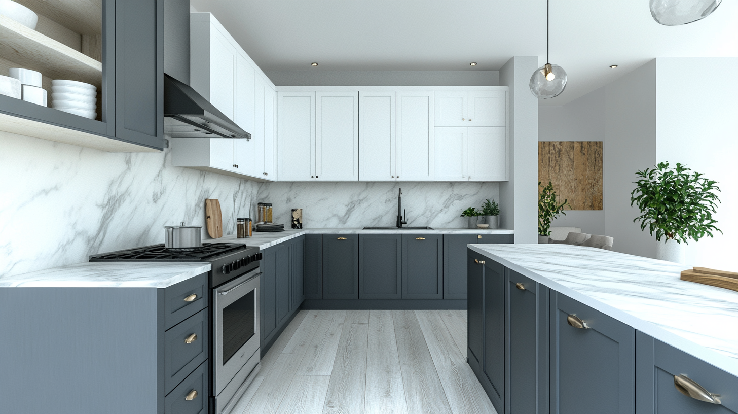 (2025) 50+ Grey and White Kitchen Design Ideas & Tips Grey and White Shaker Kitchen Cabinets with Marble Backsplash and Light Wood Flooring