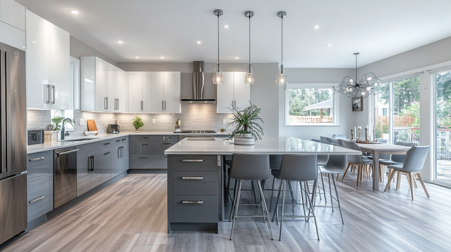 (2025) 50+ Grey and White Kitchen Design Ideas & Tips High Gloss Effect with Grey and White Flat-Panel Kitchen Cabinets