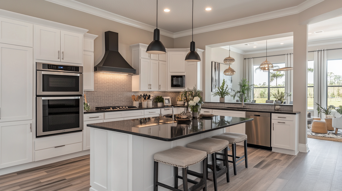 (2025) 50+ Grey and White Kitchen Design Ideas & Tips Laminate Flooring and Convex-Outlined Subway Tile Backsplash in Modern Kitchen