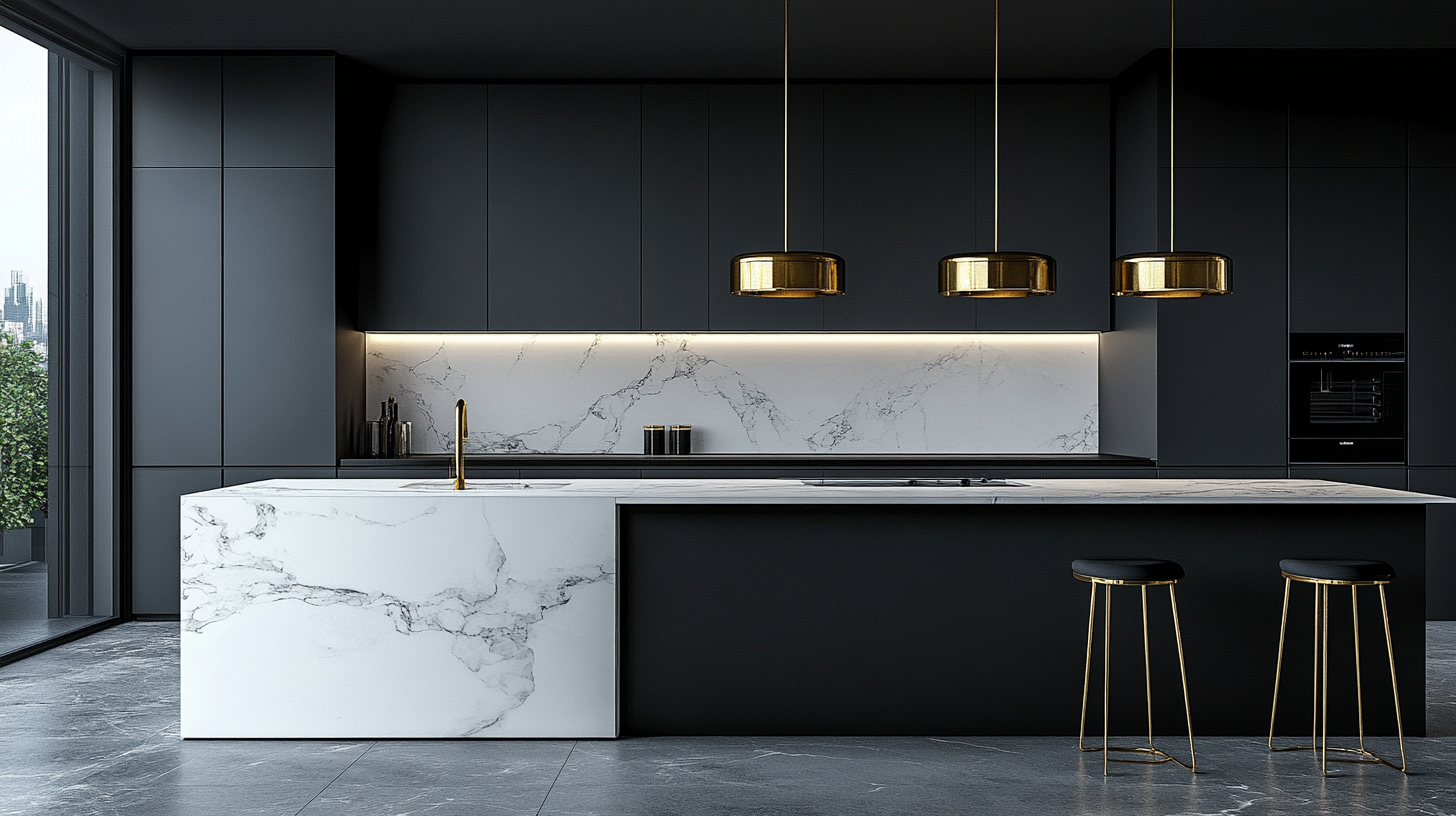 (2025) 50+ Grey and White Kitchen Design Ideas & Tips Laminate Flooring and Gold Pendant Lights in Black White and Grey kitchen