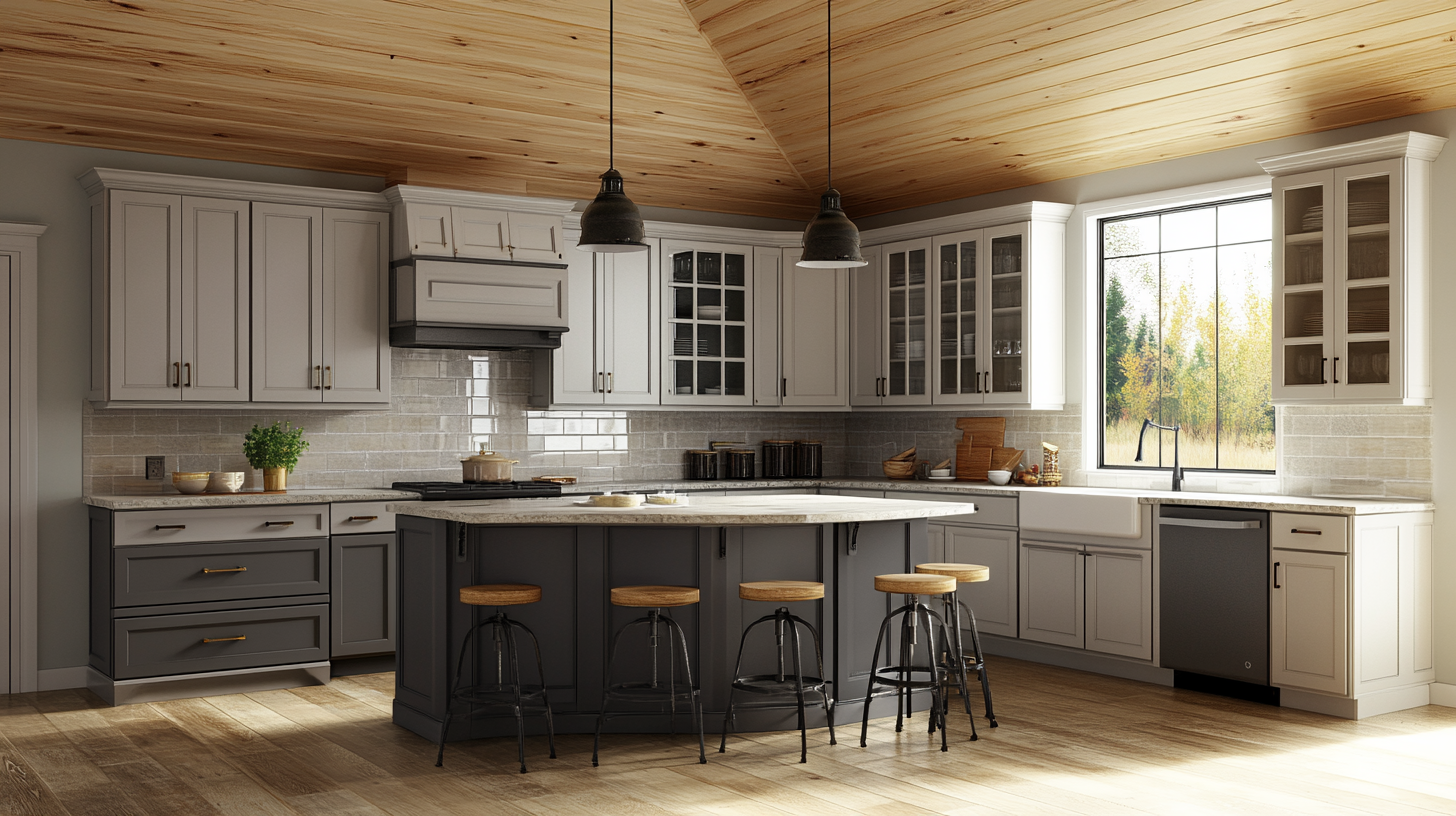 (2025) 50+ Grey and White Kitchen Design Ideas & Tips Large Traditional U-Shaped Kitchen with Glass Tile Backsplash and Light Wood Ceiling
