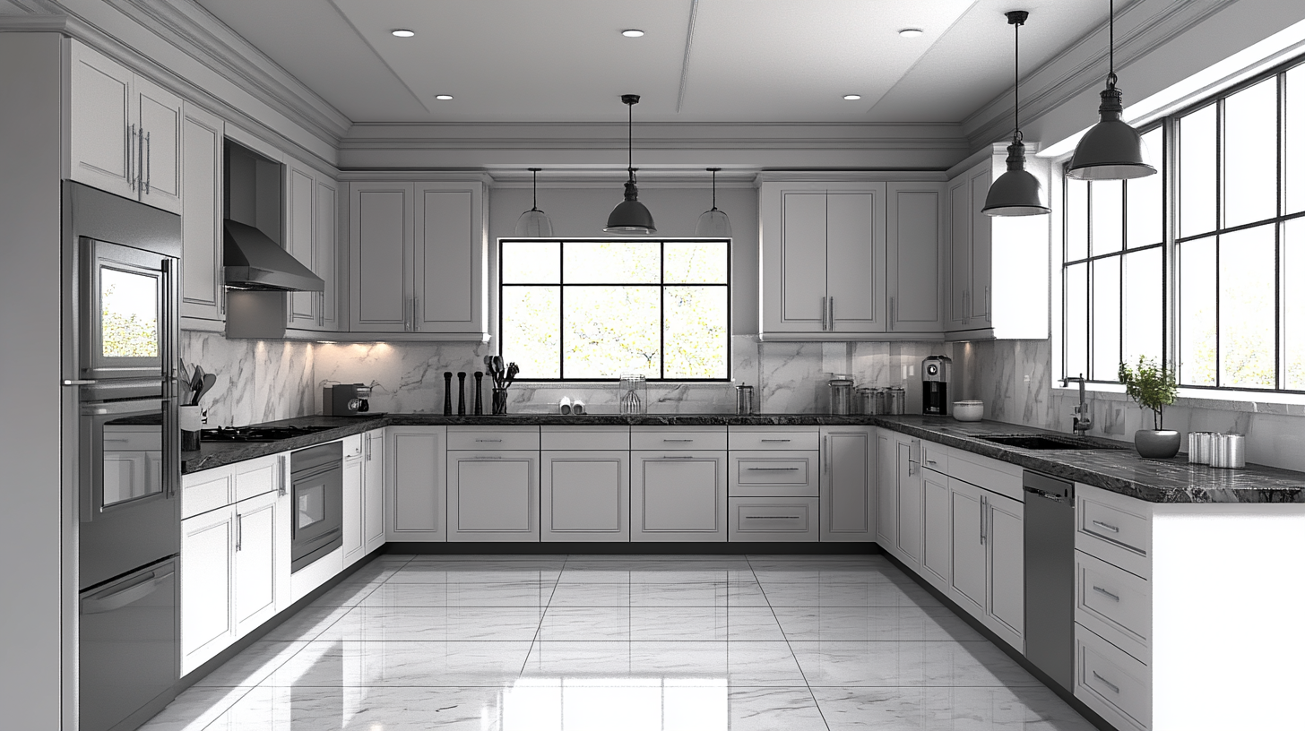 (2025) 50+ Grey and White Kitchen Design Ideas & Tips Modern Grey&White Kitchen with Flooring Tile and Quartzite Countertops