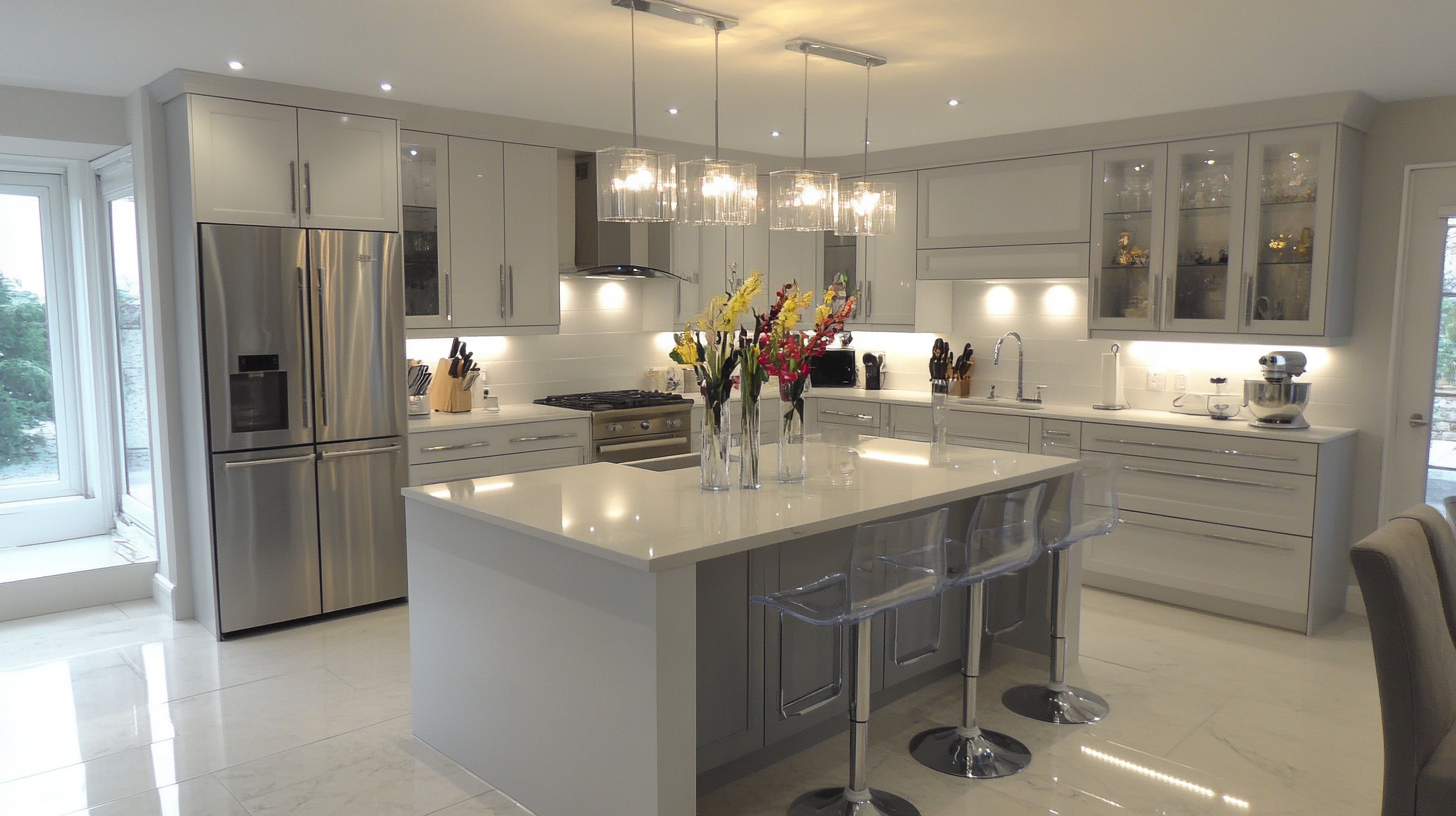 (2025) 50+ Grey and White Kitchen Design Ideas & Tips Modern Grey&White kitchen with Glass-Front Cabinets and Quartzite Countertops