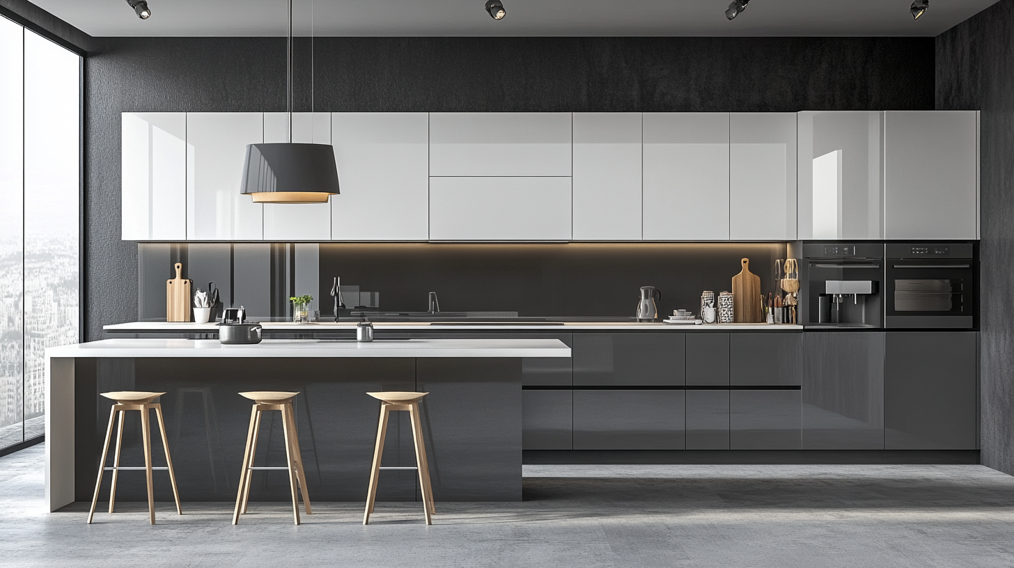 (2025) 50+ Grey and White Kitchen Design Ideas & Tips Modern Kitchen with High Gloss White and Grey Plat-Panel Cabinets and Glass Backsplash