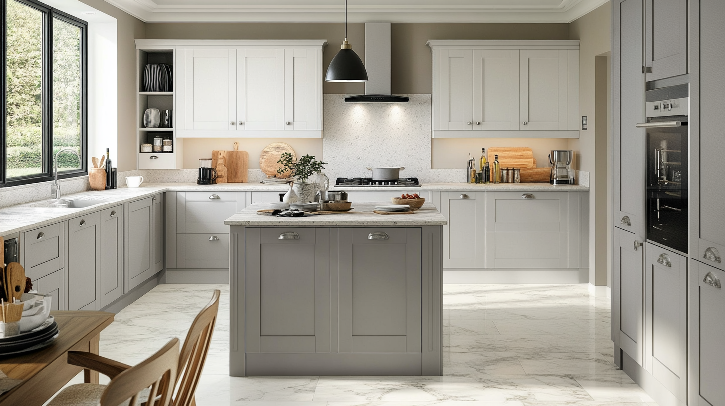 (2025) 50+ Grey and White Kitchen Design Ideas & Tips Modern Shaker Kitchen with Terrazzo Backsplash and Marble Flooring