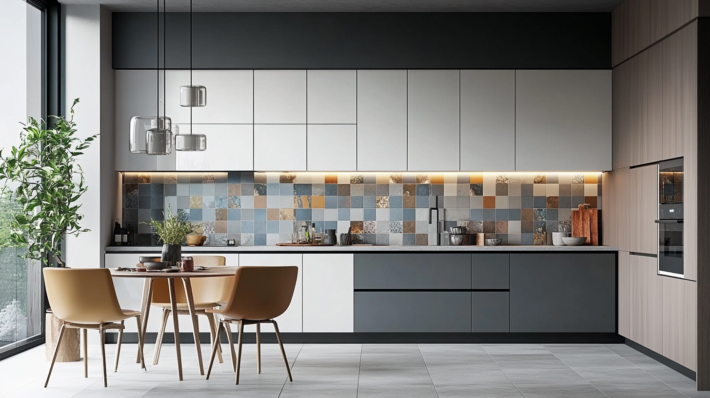 (2025) 50+ Grey and White Kitchen Design Ideas & Tips Multicolored Backsplash and Grey-White Flat-Panel Cabinets in Midcentury Kitchen