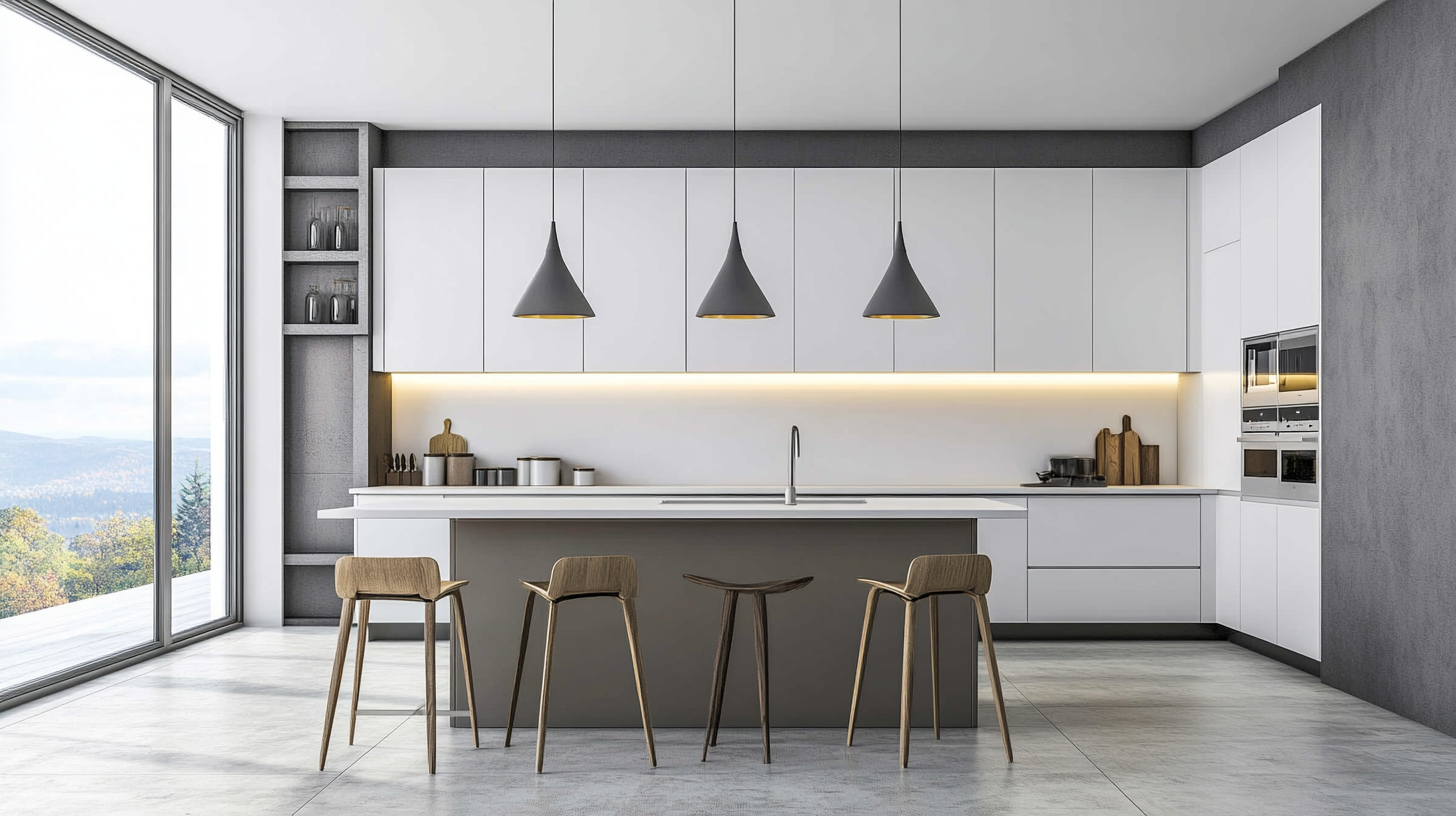 (2025) 50+ Grey and White Kitchen Design Ideas & Tips Open Concept Kitchen with Simple Pendant Lights and Flat-Panel Cabinets