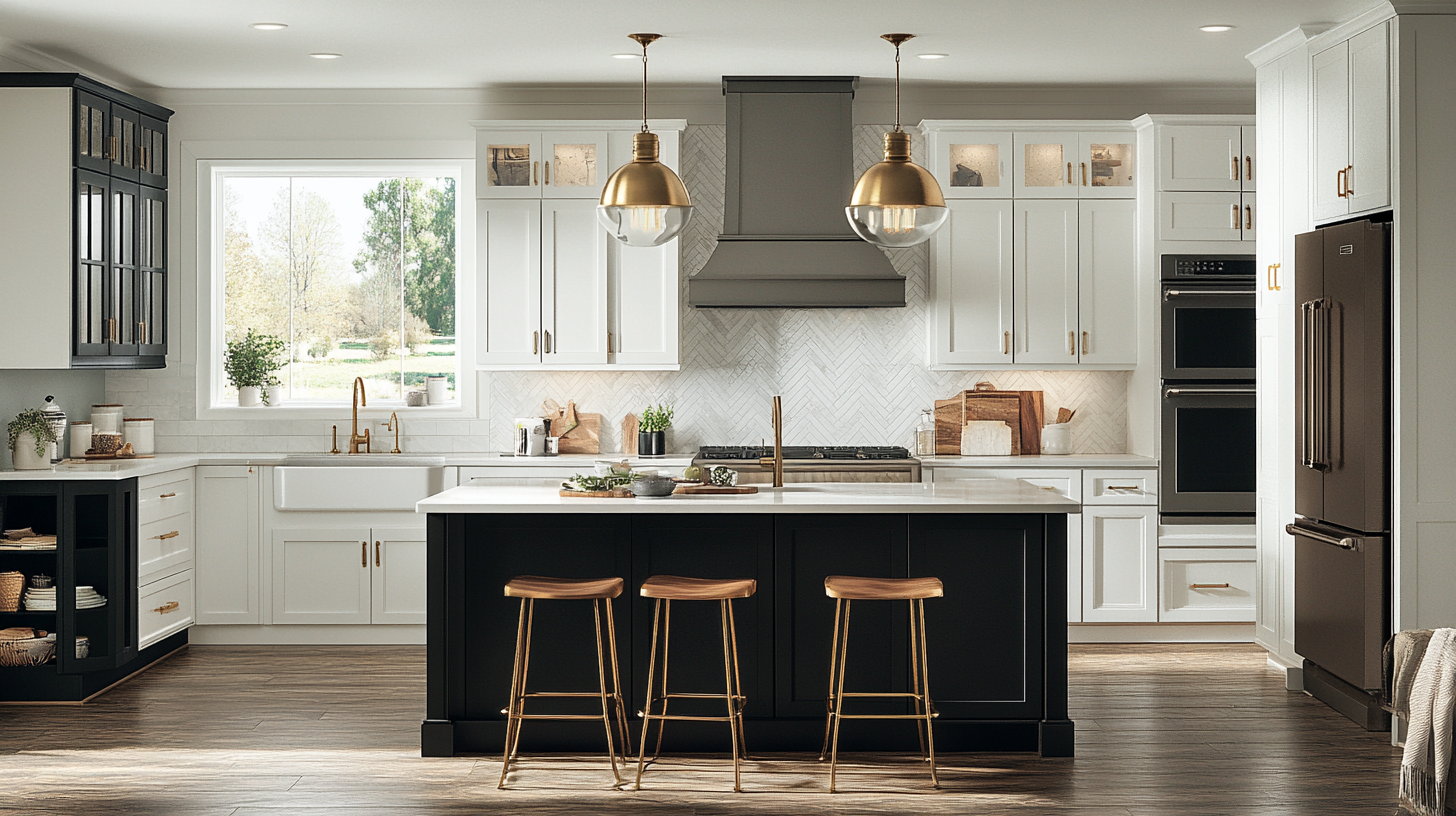 (2025) 50+ Grey and White Kitchen Design Ideas & Tips Open Kitchen with Brass Pendant Light Fixtures and Solid Surface Countertops