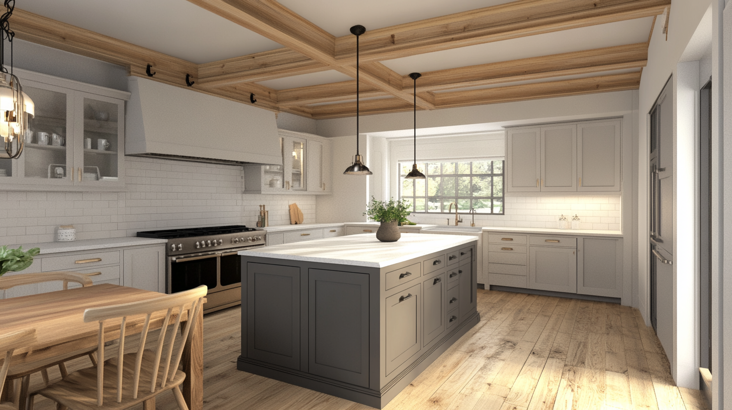 (2025) 50+ Grey and White Kitchen Design Ideas & Tips Transitional Kitchen with Bleached Pine Flooring and Quartz Countertops
