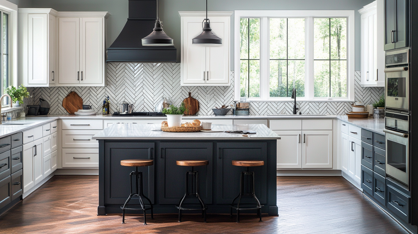 (2025) 50+ Grey and White Kitchen Design Ideas & Tips Transitional Kitchen with Herringbone Tile Backsplash and Quartz Countertops