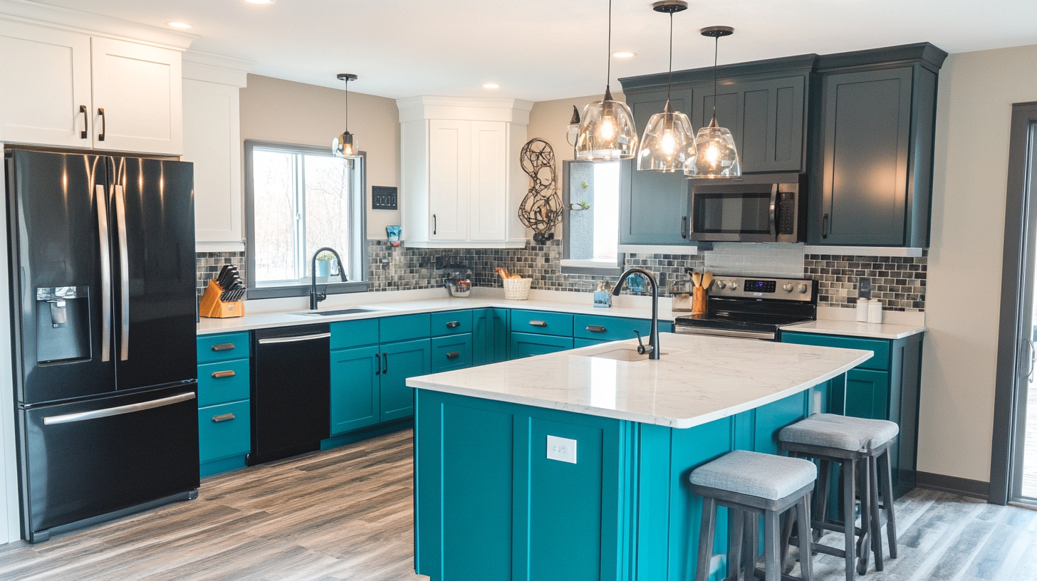 (2025) 50+ Grey and White Kitchen Design Ideas & Tips A Decent Look with Teal and White Flat-Panel Kitchen Cabinets and Dark Gey Appliances
