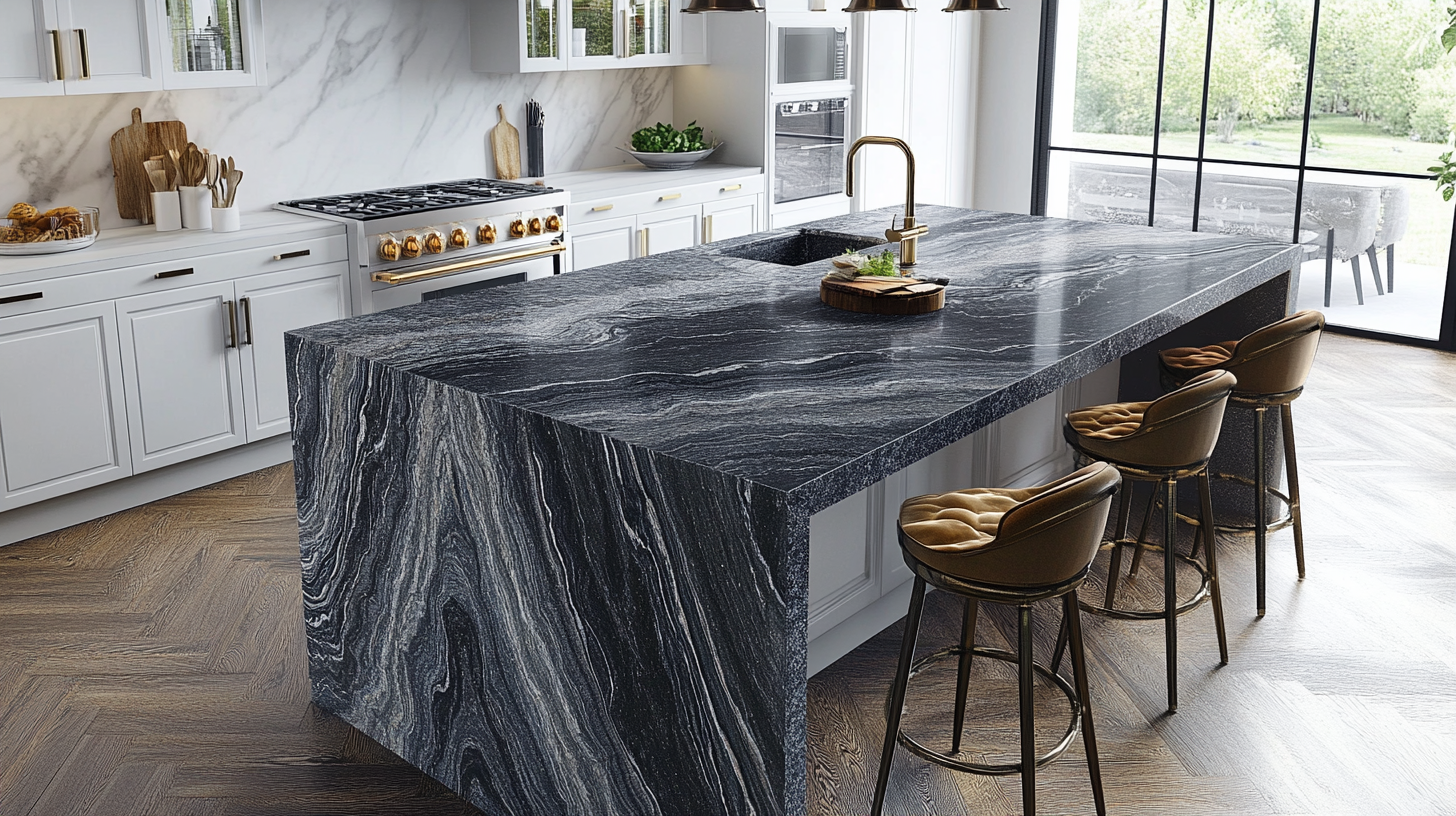 (2025) 50+ Grey and White Kitchen Design Ideas & Tips A Luxurious Look with Grey Quartzite Countertops and Bar stools