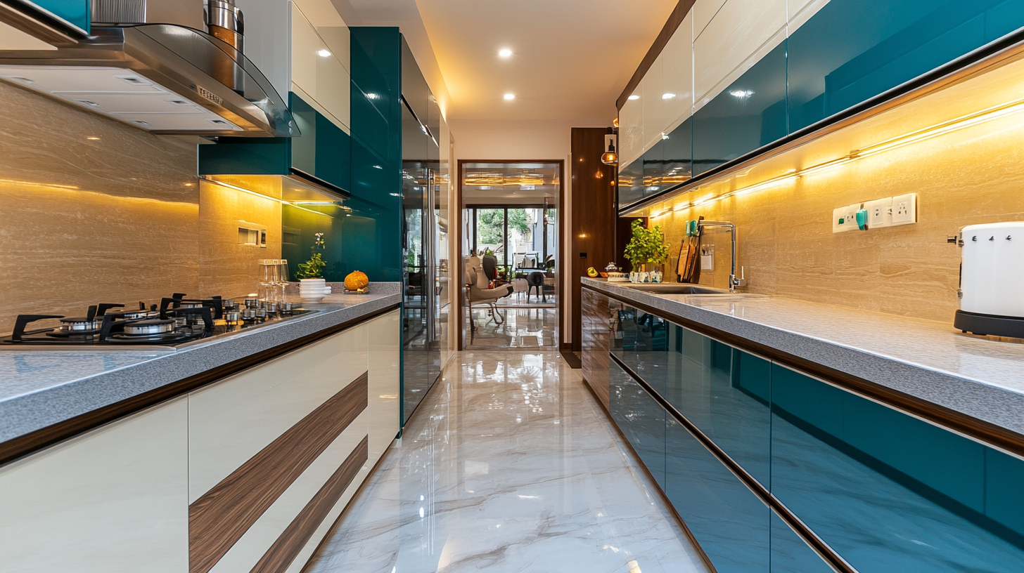 (2025) 50+ Grey and White Kitchen Design Ideas & Tips A Noble Stance Kitchen with Teal and White Flat-Panel Cabinets and Grey Composite Countertops