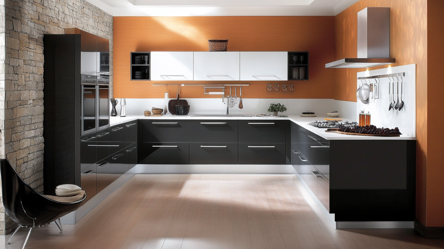 (2025) 50+ Grey and White Kitchen Design Ideas & Tips A Trendy U-Shaped Kitchen with Bamboo Floorboard and White Slab Backsplash