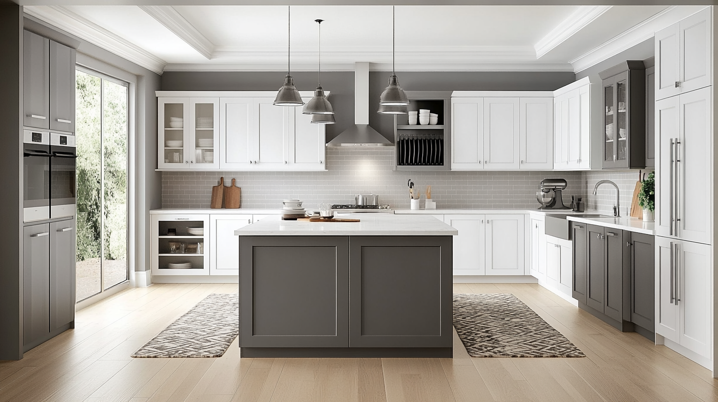 (2025) 50+ Grey and White Kitchen Design Ideas & Tips Adjustable Cabinet Pulls and Patterned Rug in Grey and White Kitchen