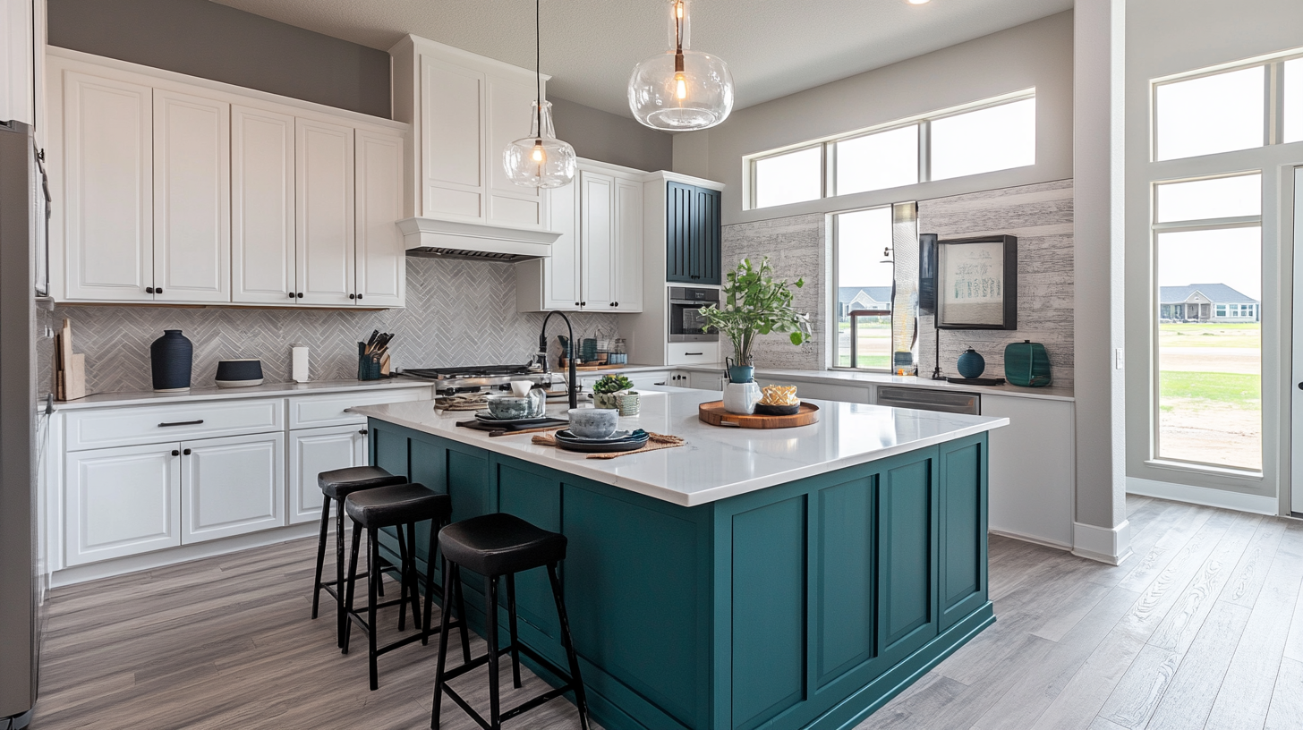 (2025) 50+ Grey and White Kitchen Design Ideas & Tips An Open Kitchen with Grey Ceramic Backsplash and Teal Island