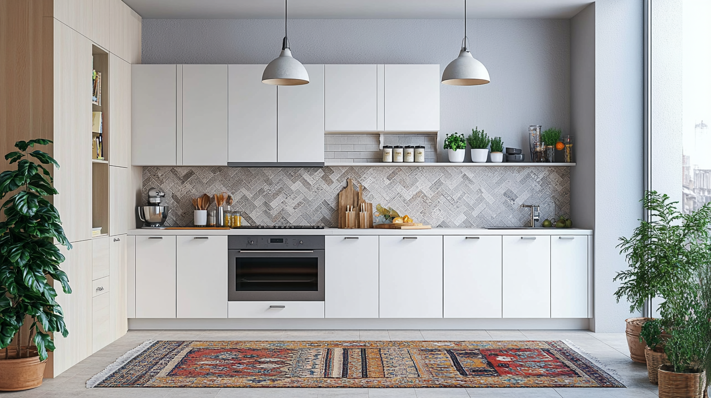 (2025) 50+ Grey and White Kitchen Design Ideas & Tips Bright-Colored Rug and Mosaic Tile Backsplash in Transitional Kitchen
