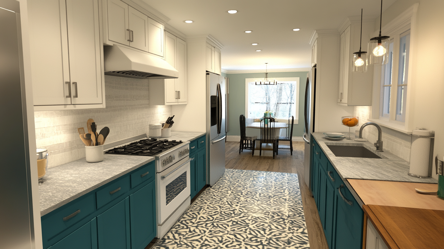(2025) 50+ Grey and White Kitchen Design Ideas & Tips Craftsman Teal and White Kitchen with Grey Marble Countertop and Patterned Flooring