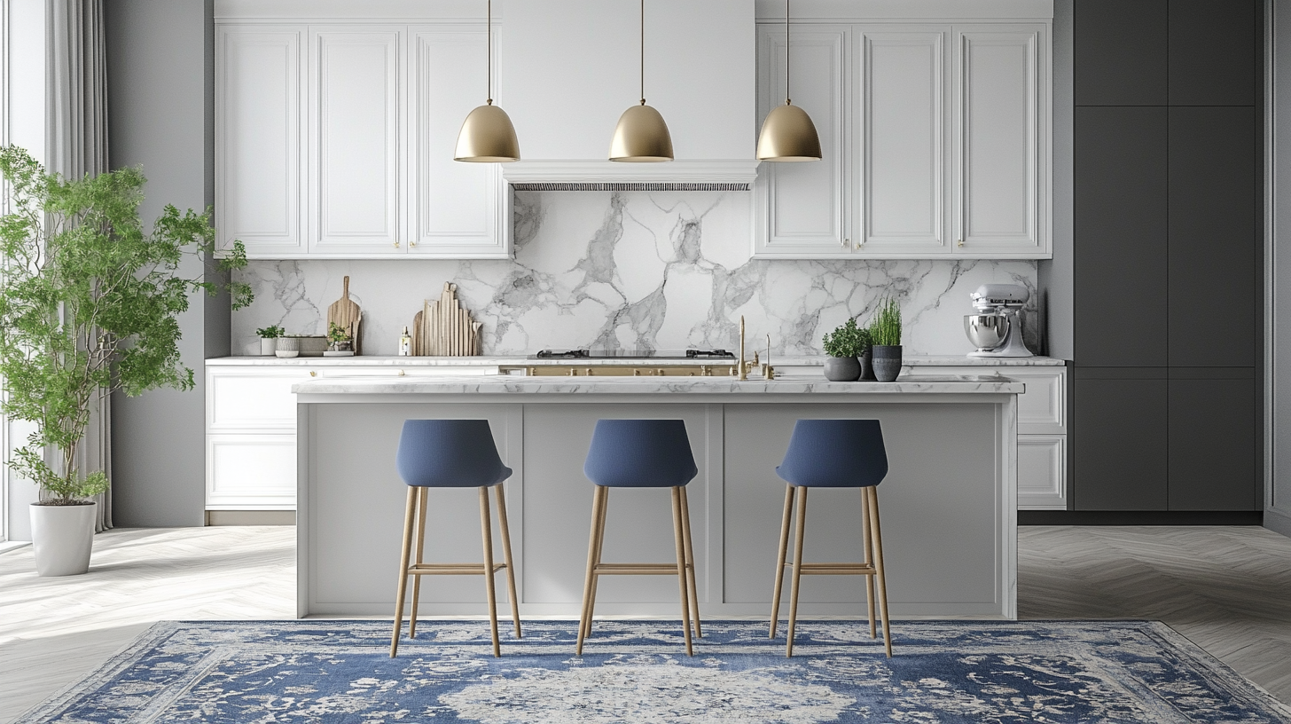 (2025) 50+ Grey and White Kitchen Design Ideas & Tips Grey and White Kitchen with Blue Area Rug and Marble Countertops