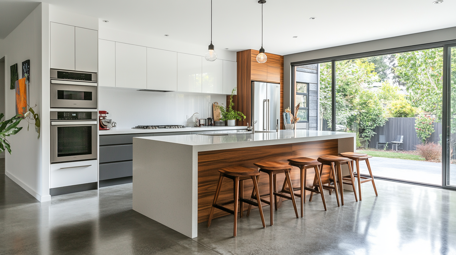 (2025) 50+ Grey and White Kitchen Design Ideas & Tips High Gloss Grey and White Kitchen with Concrete Flooring