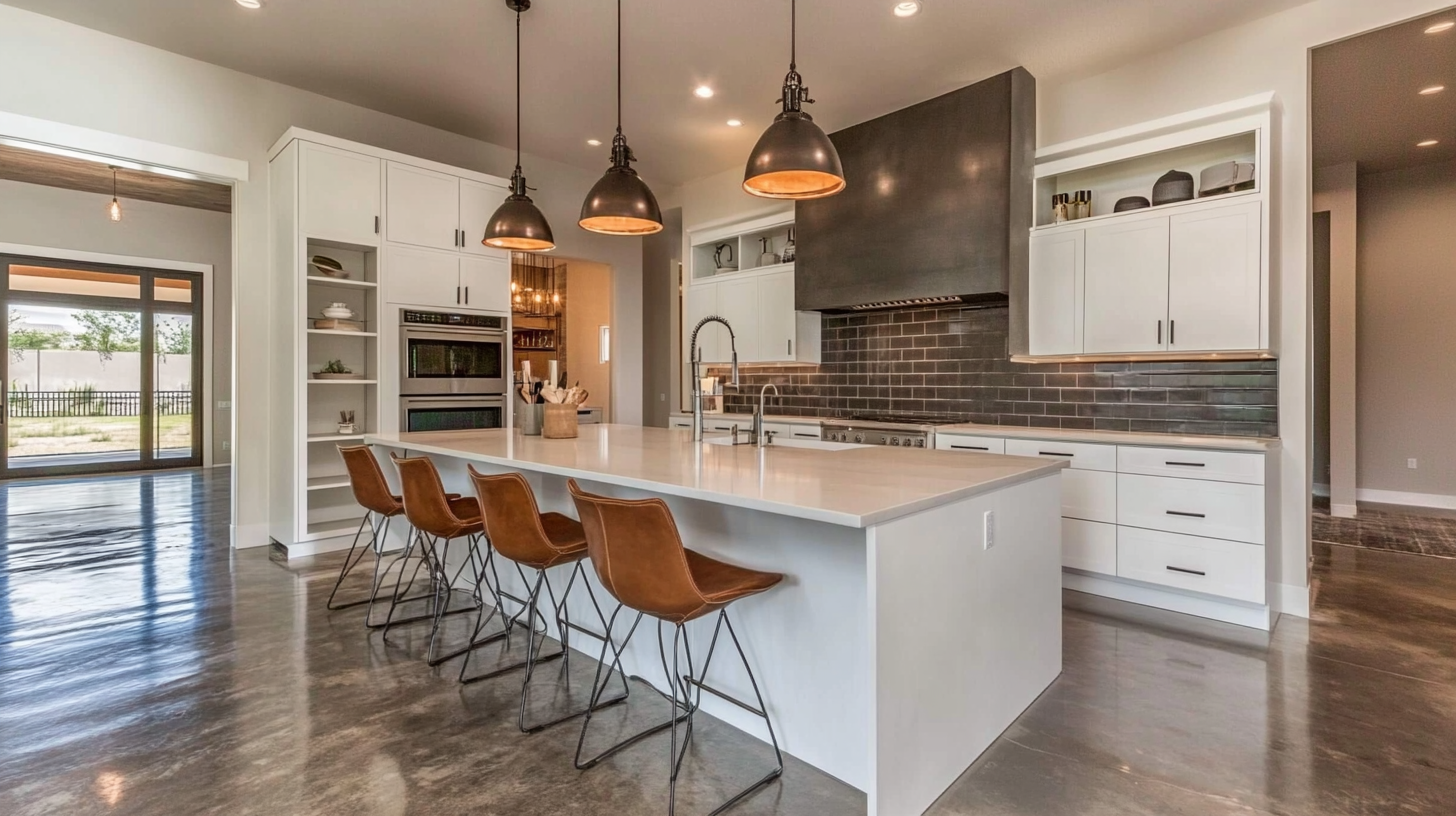 (2025) 50+ Grey and White Kitchen Design Ideas & Tips Industrial Kitchen with Brown Bar Stools and Grey Backsplash