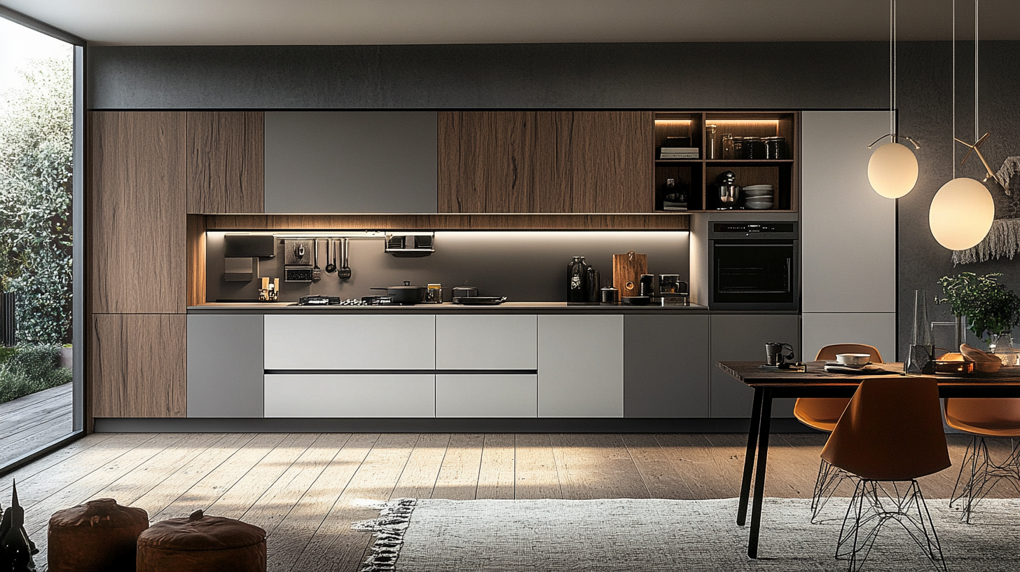 (2025) 50+ Grey and White Kitchen Design Ideas & Tips Midcentury Kitchen with Flat-Panel Cabinets and Area Rug