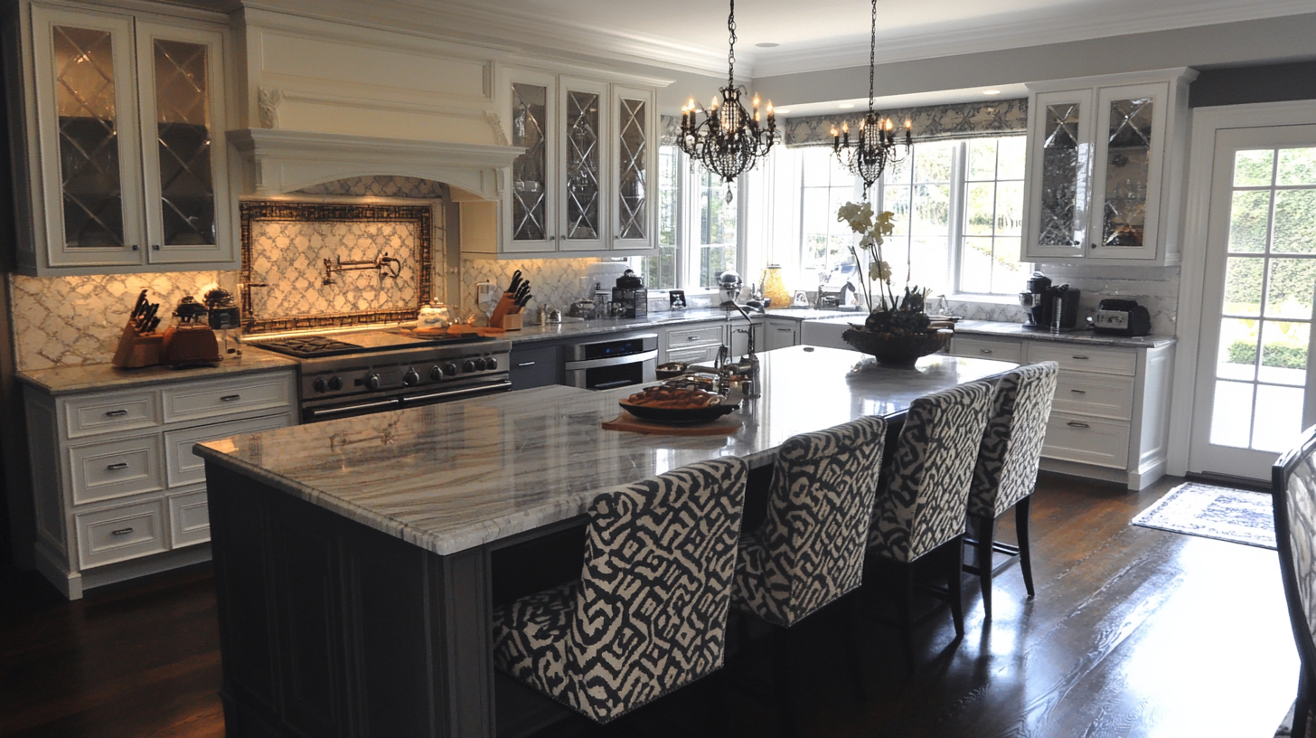 (2025) 50+ Grey and White Kitchen Design Ideas & Tips Patterned Bar Stools and Multicolored Backsplash in Transitional Kitchen