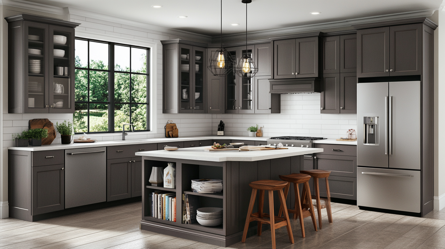 (2025) 50+ Grey and White Kitchen Design Ideas & Tips Porcelain Floor Tile and Wood Bar Stools in Transitional Kitchen