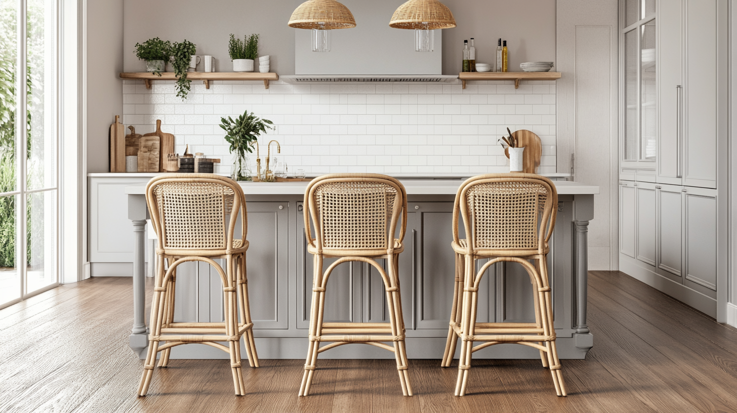 (2025) 50+ Grey and White Kitchen Design Ideas & Tips Rattan Cane Weaving Bar Stools and Subway Tile Backsplash in Grey and White Kitchen