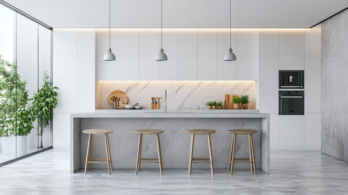 (2025) 50+ Grey and White Kitchen Design Ideas & Tips Soothing White and Grey Kitchen with Bar Stools and Plastic Floorboard