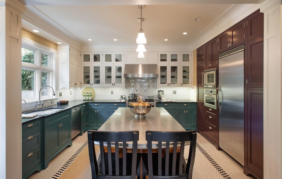 (2025) 50+ Grey and White Kitchen Design Ideas & Tips Transitional Kitchen with Teal Kitchen Cabinets and Mosaic Tile Flooring