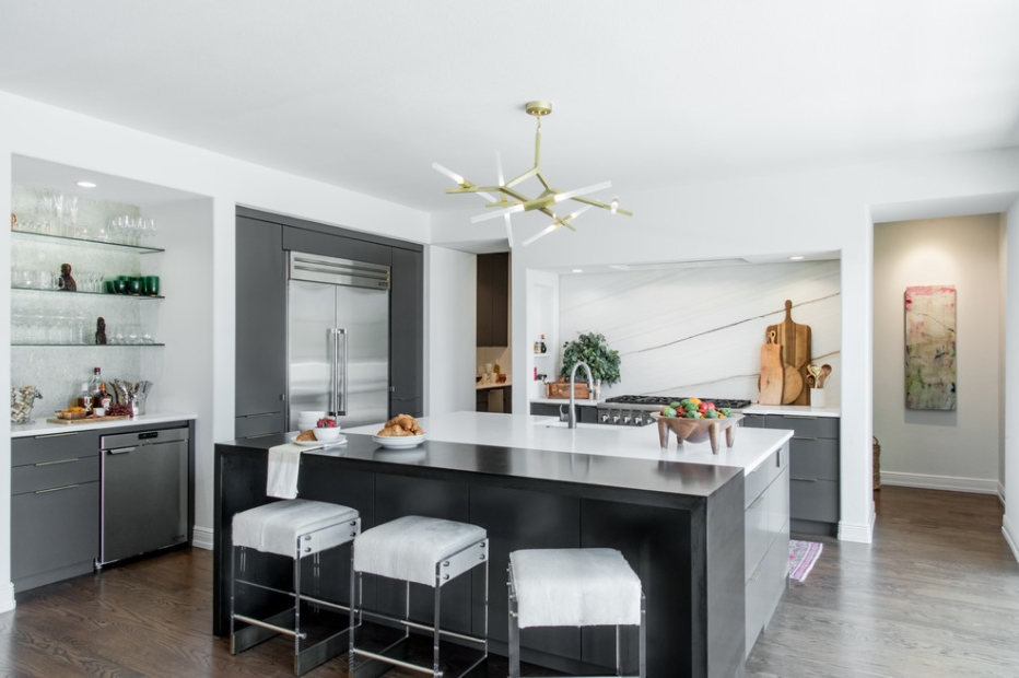 (2025) 50+ Grey and White Kitchen Design Ideas & Tips Two Island with Grey Bar Stools and Modern Metal Chandelier