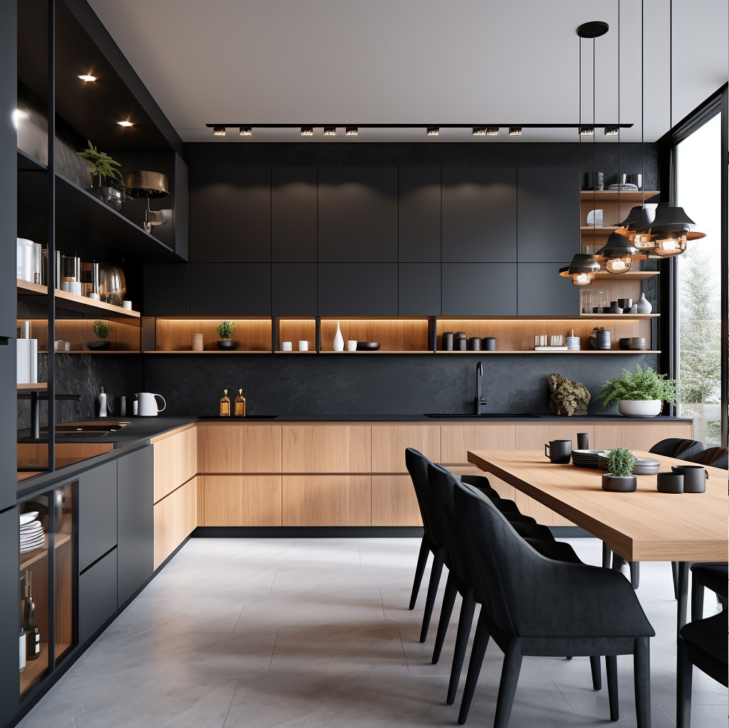 contemporary wood and matte black kitchen design