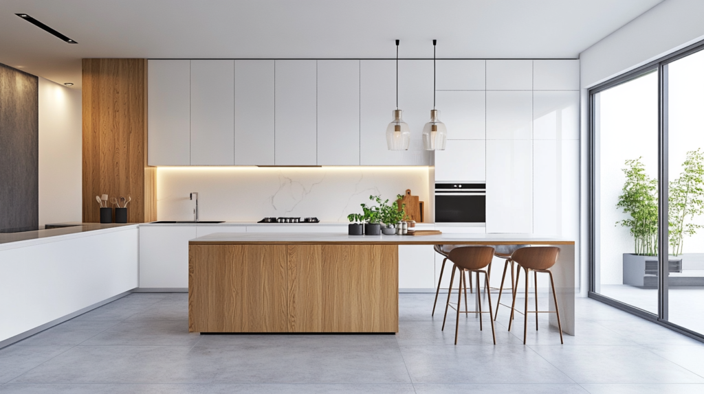 modern natural wood with white lacquer kitchen cabinet