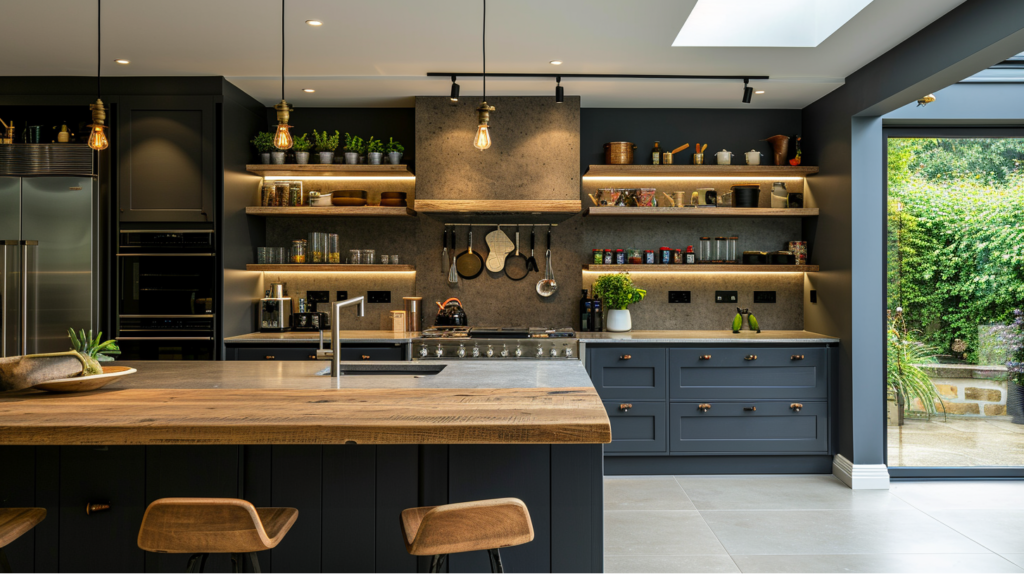 modern black shaker kitchen cabinets with wood countertop