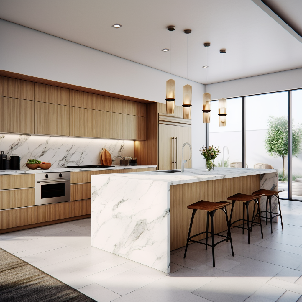modern luxury white kitchen with wood grain cabinets