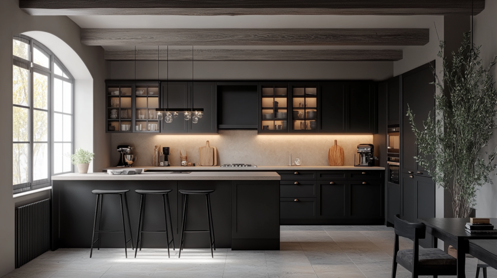 modern matte black shaker kitchen cabinets with custom integrated appliance