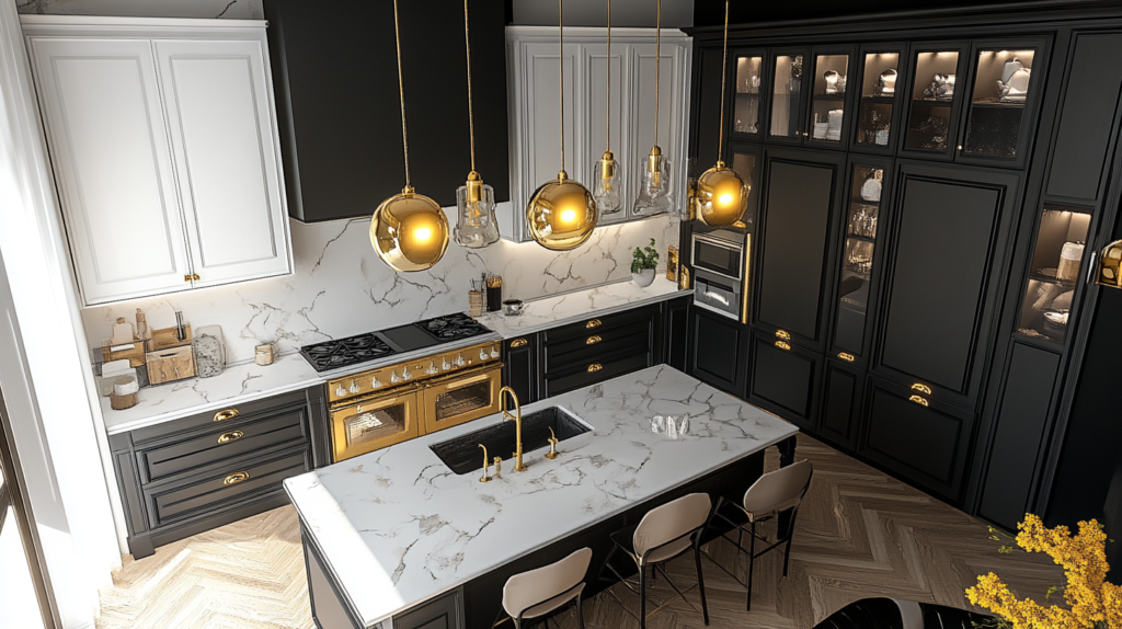 modern shaker kitchen cabinets with same material backsplash and countertop