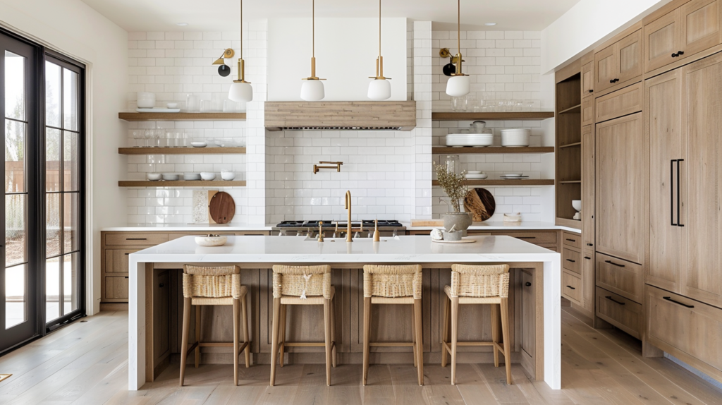 modern white shaker kitchen cabinets with wood element